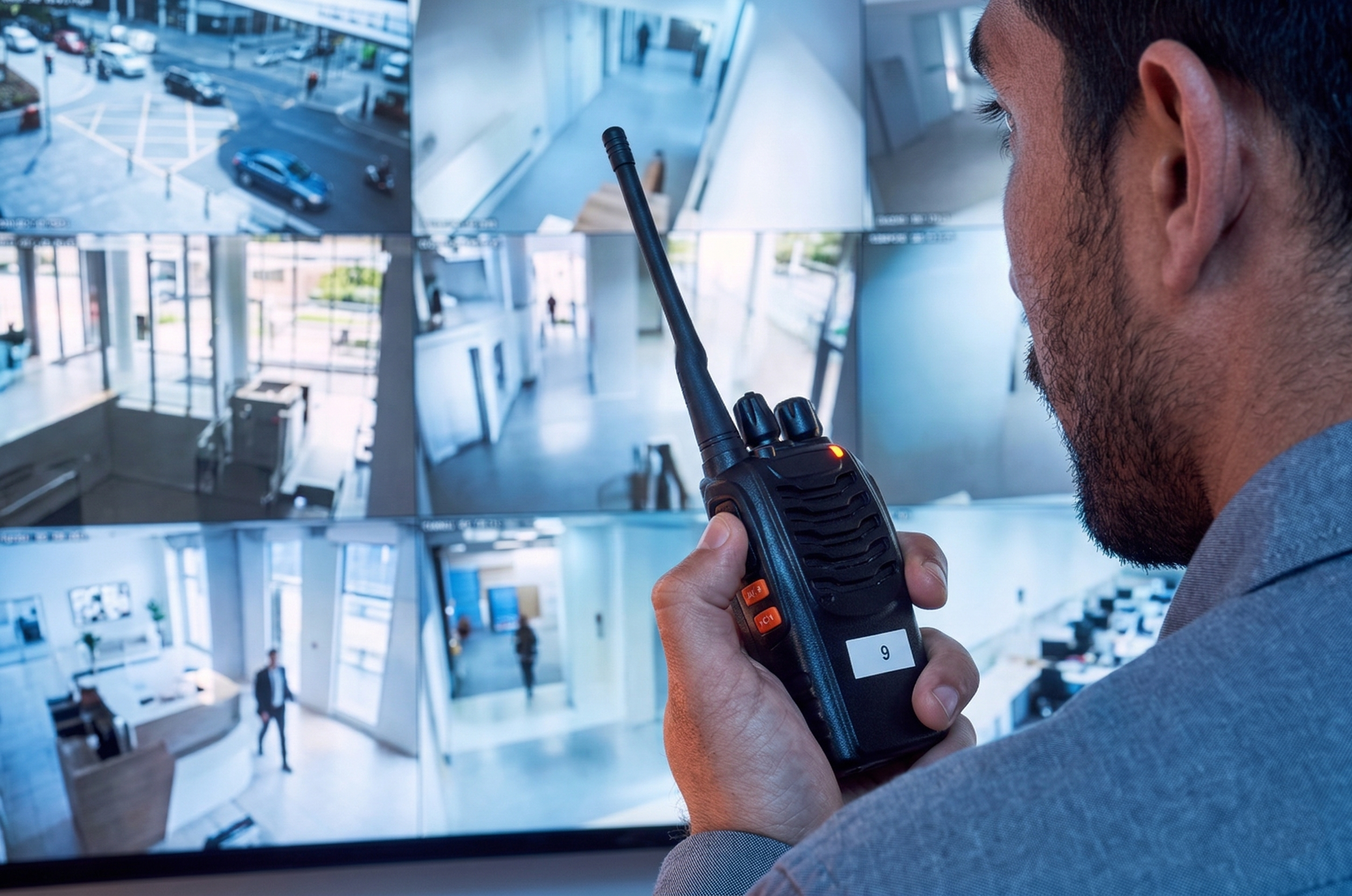 Guardia de seguridad con radio frente a pantallas CCTV